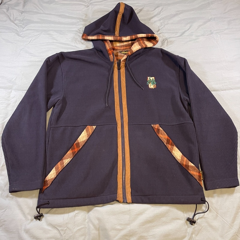 Renegade Club Mens Small Blue Plaid Hooded Fleece Jacket Full Zip Pine Logo